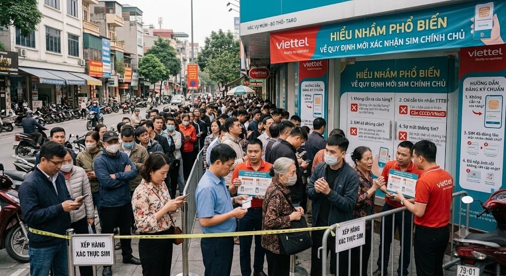 Nhiều người xếp hàng tại điểm giao dịch chờ hướng dẫn mới về quy định xác nhận SIM chính chủ