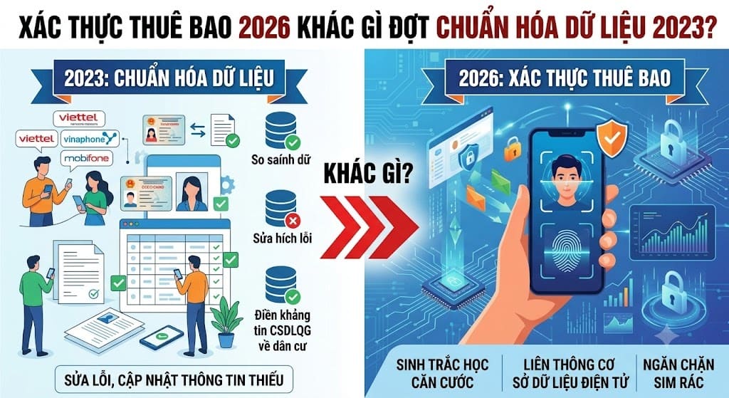 So sánh quy trình xác thực sinh trắc học thuê bao 2026 và chuẩn hóa dữ liệu SIM 2023 tại SIMSODEP.COM