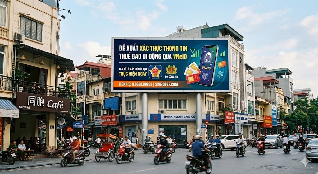 Biển quảng cáo ngoài trời tại Hà Nội thông tin về đề xuất xác thực thuê bao di động qua VNeID để bảo vệ tài sản sim số đẹp